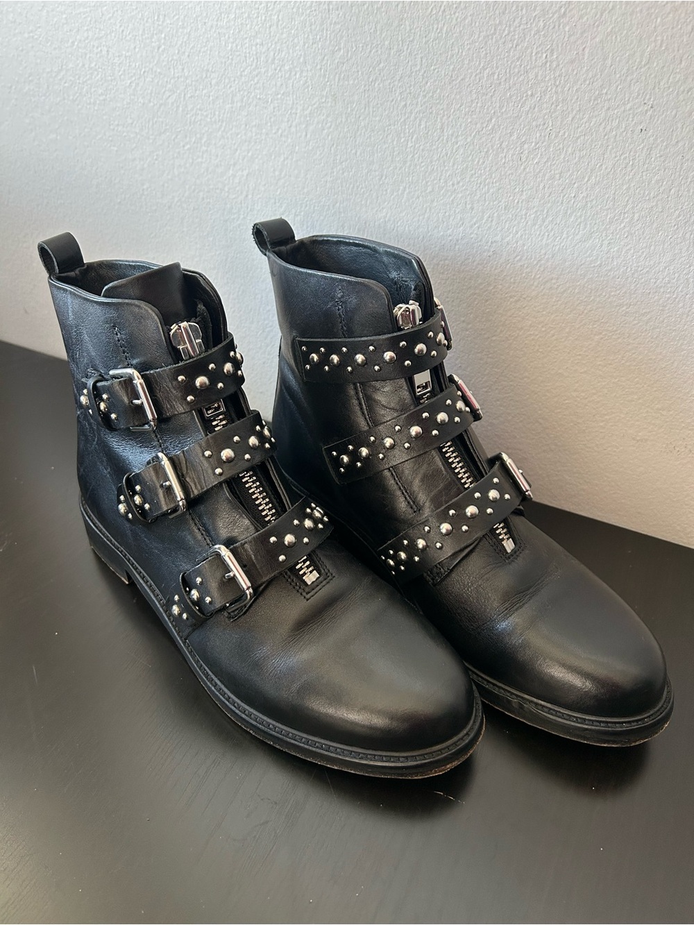 Maje Fortune Black Leather boots with silver-toned studded triple buckles